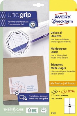 AVERY Zweckform 6120 Universal Etiketten (100 plus 20 Klebeetiketten extra, 105x