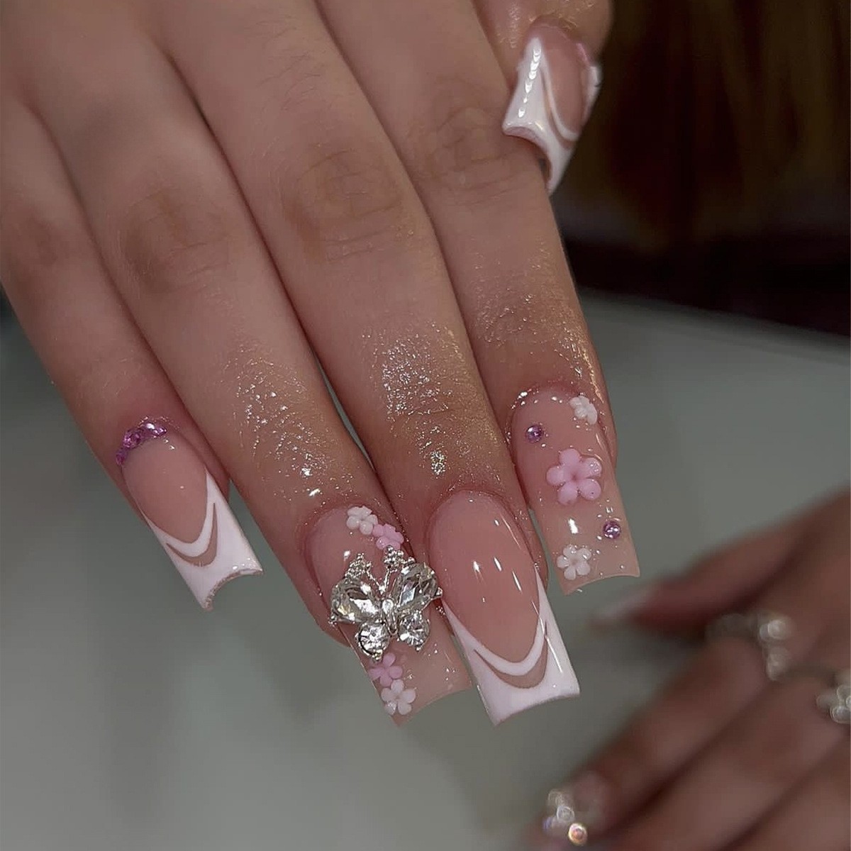 Pink French 3D Floral Rhinestone Press-On Nails