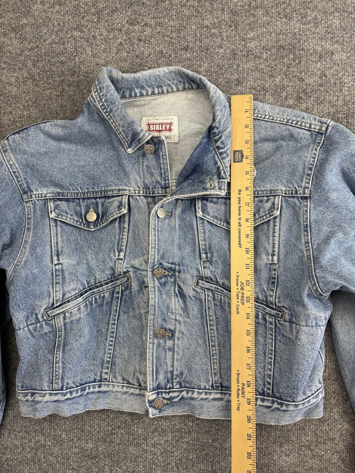 Chaqueta vaquera vintage Sisley para mujer pequeña azul recortada camionero Italia relajada años 90 Foto 3 de 4