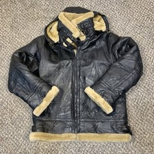 VTG Wilda Mens Leather Faux Fur Hooded Aviator Jacket Top Gun Black M/L