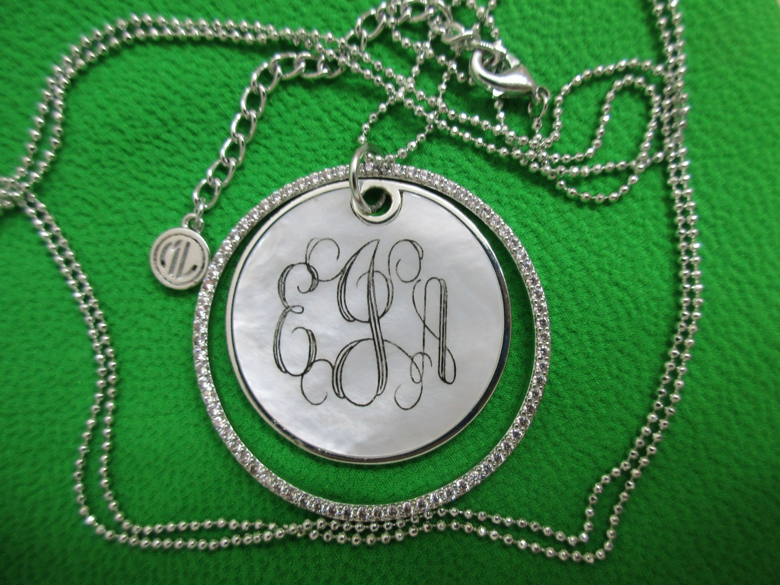 Signed ML Monogram Two Circle MOP/Crystals Pendan… - image 21
