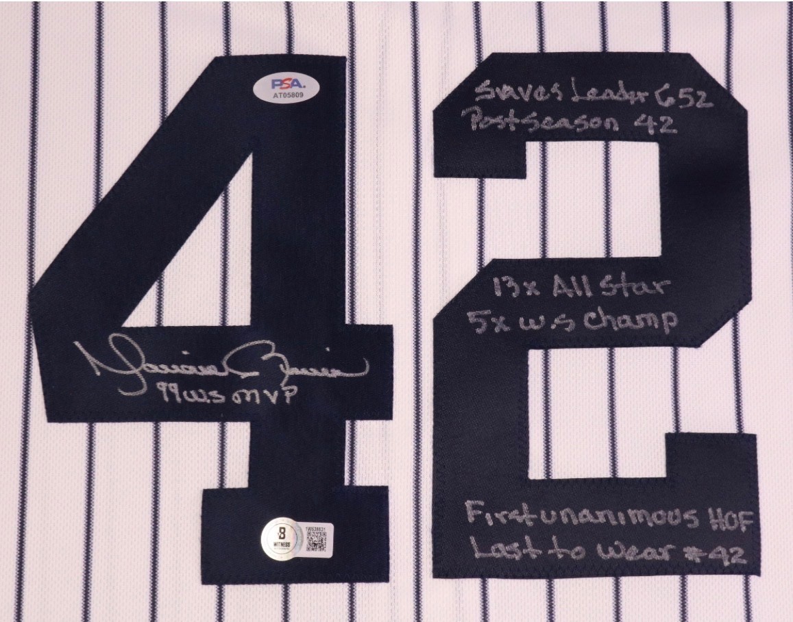 Mariano Rivera Signed Career Stats 99 WS Jersey w/ 7 Inscriptions LOA & COA PSA view 2