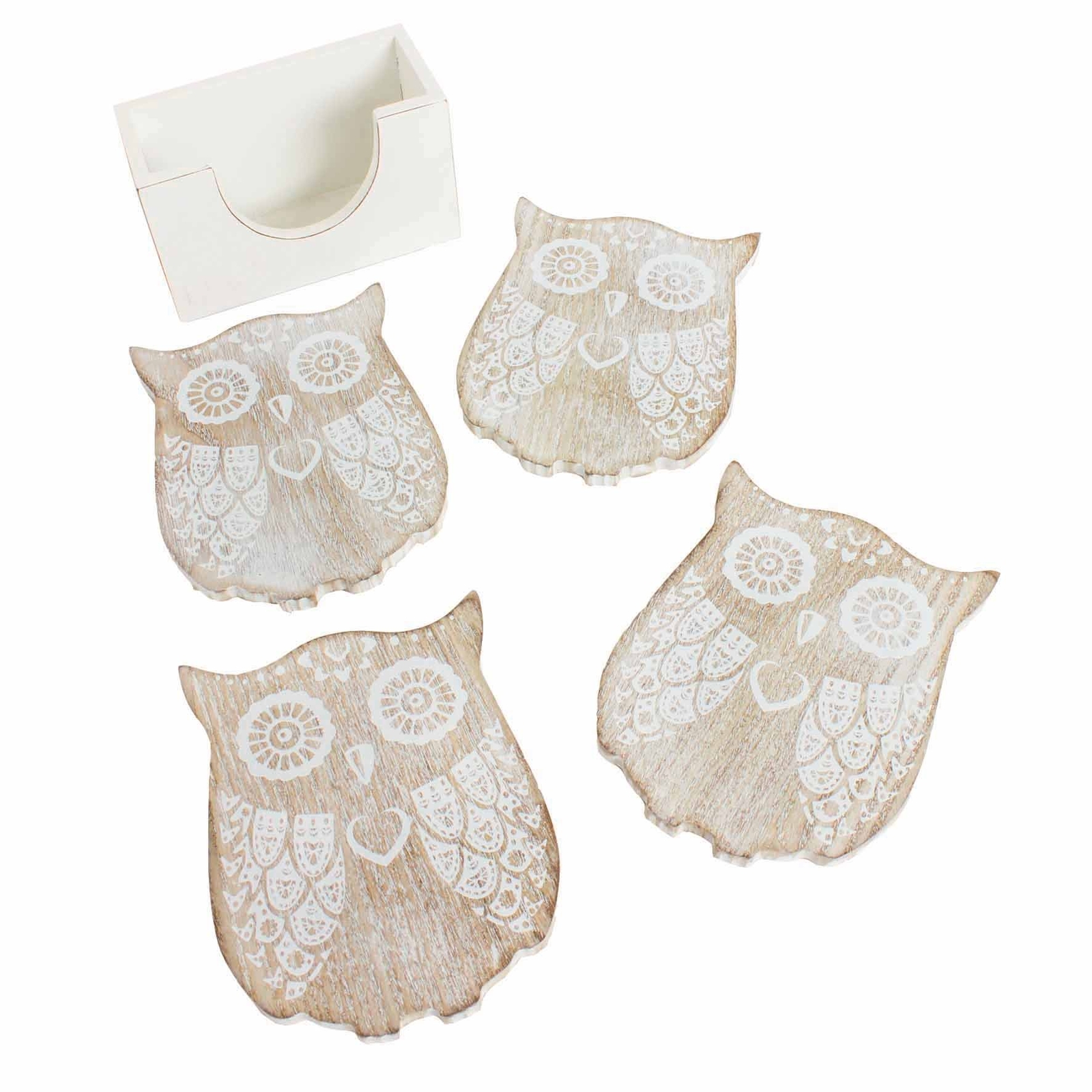 Heaven Sends Wooden Owl Shabby Chic Coaster Set - Set of 4 Coasters in Holder