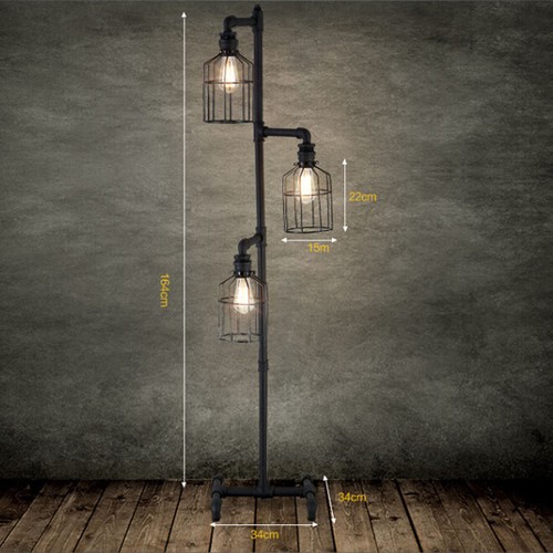 Farmhouse 3-Light Tree Floor Lamp Steampunk Metal Cage Floor Lighting Bedside - Picture 6 of 8