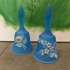 VTG Westmoreland Hand Painted Floral Blue Mist Satin Glass Bells (Set of 2)