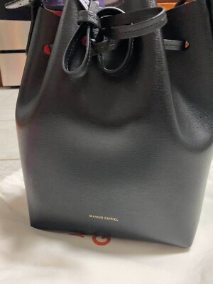 Mansur Gavriel Mini Mini Leather Bucket Bag BLACK/ FLAMMA Made In Italy