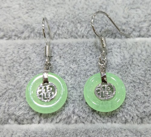 Green Red Purple Jade Circle Donut 18KGP Happiness Fortune Hook Dangle Earrings - Picture 9 of 20