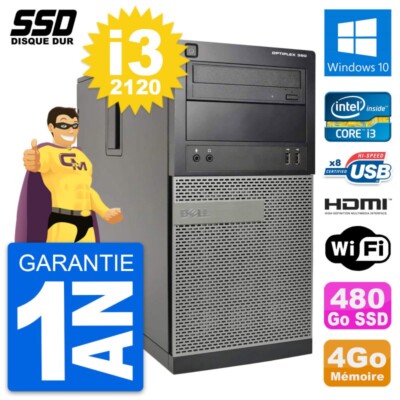 PC Tour Dell OptiPlex 390 MT Core i3-2120 RAM 4Go SSD 480Go HDMI Windows 10 Wifi