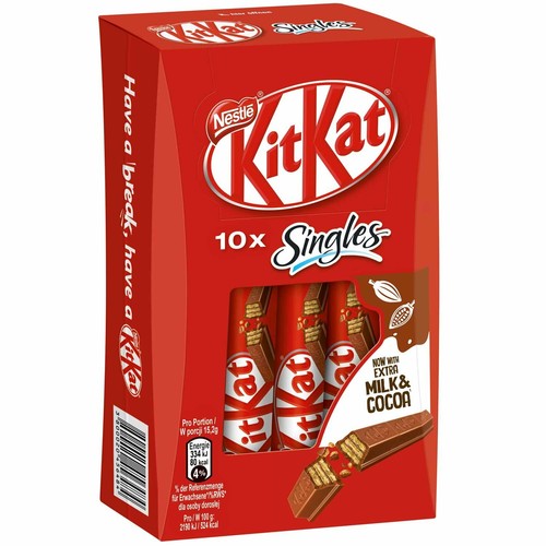 Nestle 10 Packs Of KitKat Singles Milk and Cocoa Coated Chocolate Bars, 15.2 Gm