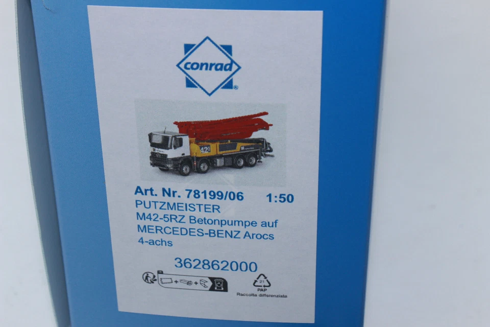 Bomba de hormigón Conrad 78199 06 Putzmeister M 42-5 RZ Mercedes Benz AROCS 1:50 NUEVO Foto 3 de 4