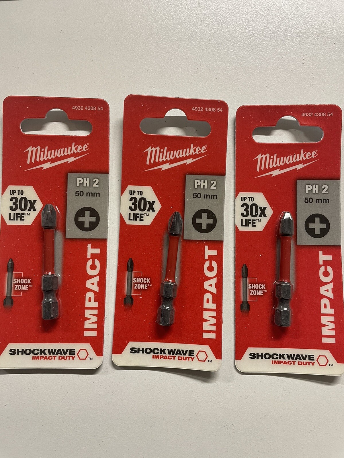 3x Bundle Milwaukee Shockwave 50mm PH2 Screwdriver Bits Plus Wear Guard 30x Life