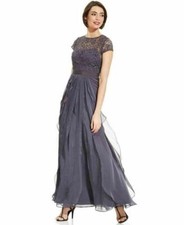 Adrianna Papell Layered Chiffon & Lace Gown Dress SZ 4 Charcoal