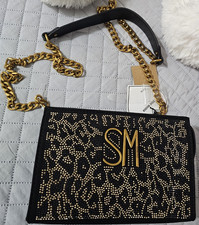 Steve Madden Black Gold Studded Chain Strap Shoulder Bag Logo Accent Snap Women