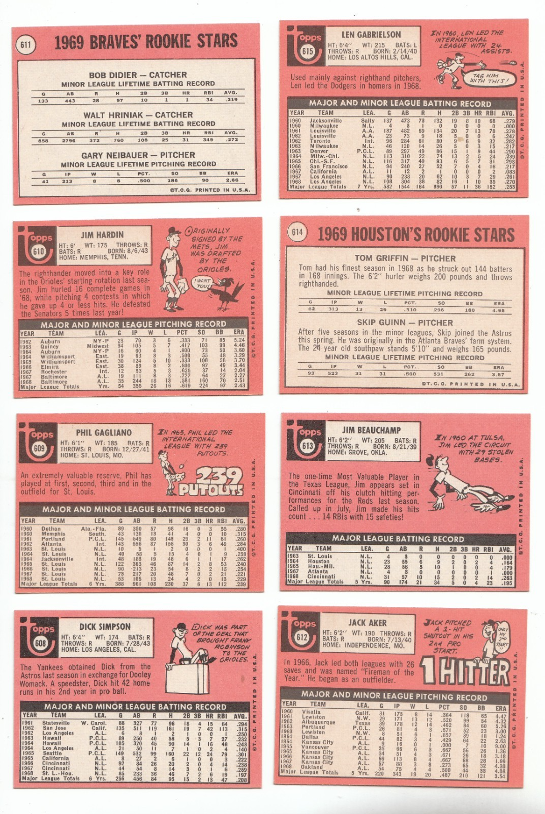 1969 Topps Baseball 7th Series 8-Card EX/MT Lot (Aker; Hardin; Simpson ...