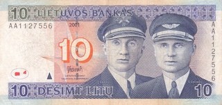 #Lithuania Bank 10 Litu 2001 P 65 VF Steponas Darius