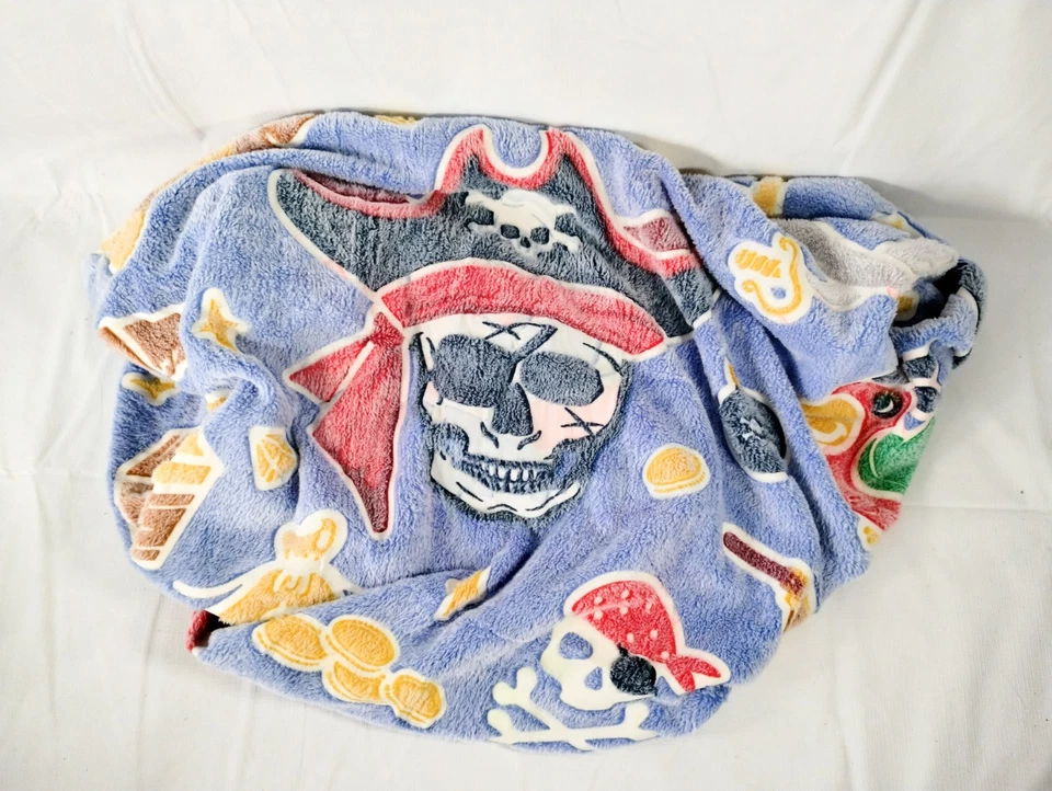 Manta suave azul barco pirata tesoro niños loro calavera 49x60 Foto 4 de 4