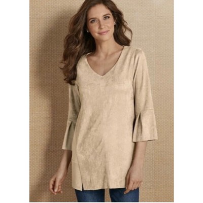 Soft Surroundings Women's Izzy Tan Faux Suede 3/4 Bell Sleeve Tunic Top Size 1X