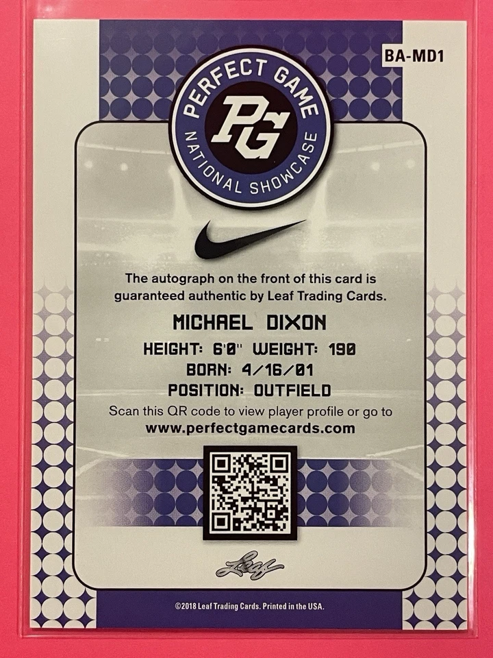 2018 Leaf Perfect Game National Showcase Michael Dixon Auto Black /50 #BA-MD1 - Image 3 of 3