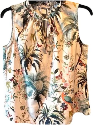 H&M Damen ärmellos Bluse cremeweiß tropisch Rüschen V-Ausschnitt zum Binden Top Gr. 6 - Bild 1 von 7