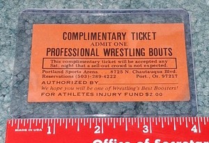Vintage Portland Sports Arena Professional Wrestling Complimentary Ticket