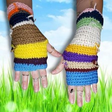 handmade crochet fingerless gloves - scrappy multicolor striped wristlets OOAK