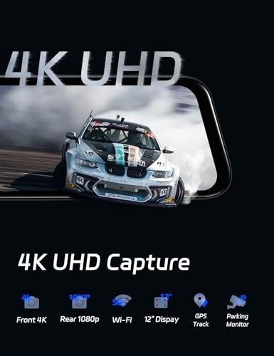 P12 Plus 4K Rear View Mirror Camera with ADAS and BSD, 5.8GHz WiFi Mirror - Picture 4 of 7