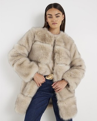 River Island Womens Faux fur Mac Coat in Cream Size M