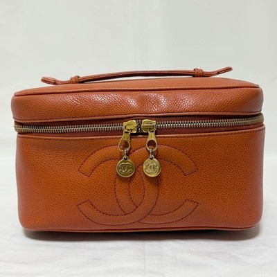 Chanel horizontal vanity bag cosmetic pouch leather orange Auth Used