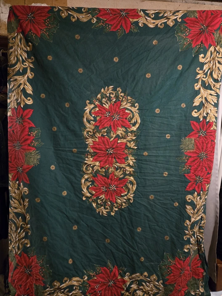 Vtg Printed Poinsettia W Flourish Christmas Rectangle Tablecloth 62 X 84 Brazil - Image 2 of 3
