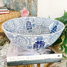 Large Blue and White Double Happiness & Twisted Peony Bowl 13.5" Chinoiserie