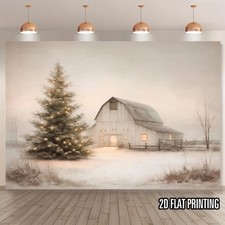 2D Flat, 1pc Winter Pastoral Barn Snowy Christmas Tree Backdrop with Twinkling