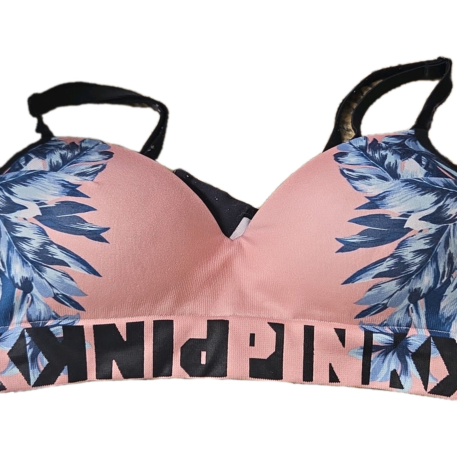 PINK Victoria's Secret Pink Blue Floral Wireless T-Shirt Bra Adjustable Strap M