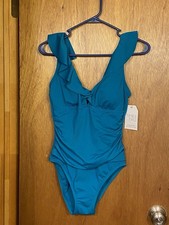 Time Tru Women s Small 4-6 One Piece Teal Plunge Neckline Bathing Suit. NWT.