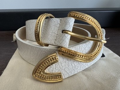 Streets Ahead Elizabeth Belt XS White Crackle Leather Gold Buckle Rare Solecist Belt - White Crackle Italian Leather With Detailed  main image 4