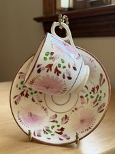 Antique Staffordshire Pink Lusterware Teacup and Saucer- Hand Painted