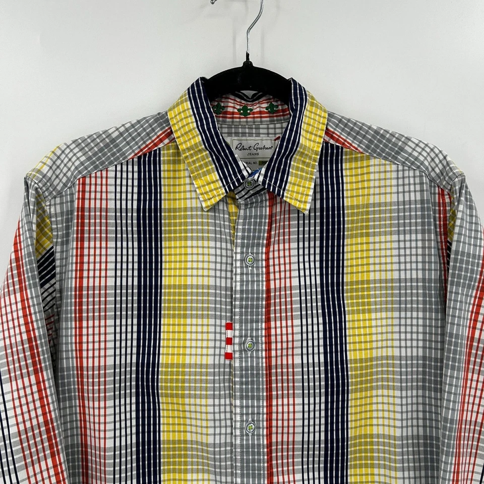Camisa de vestir pequeña ROBERT GRAHAM amarilla azul roja a cuadros manga larga con botones Foto 3 de 4