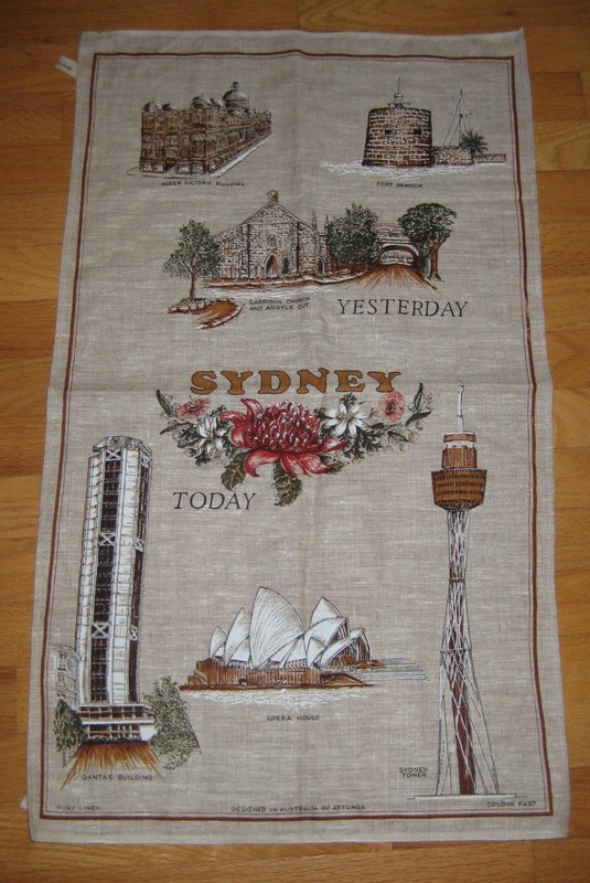 Vintage Pure Linen Kitchen Tea Towel Australian Souvenir of Sydney 18" x 31"