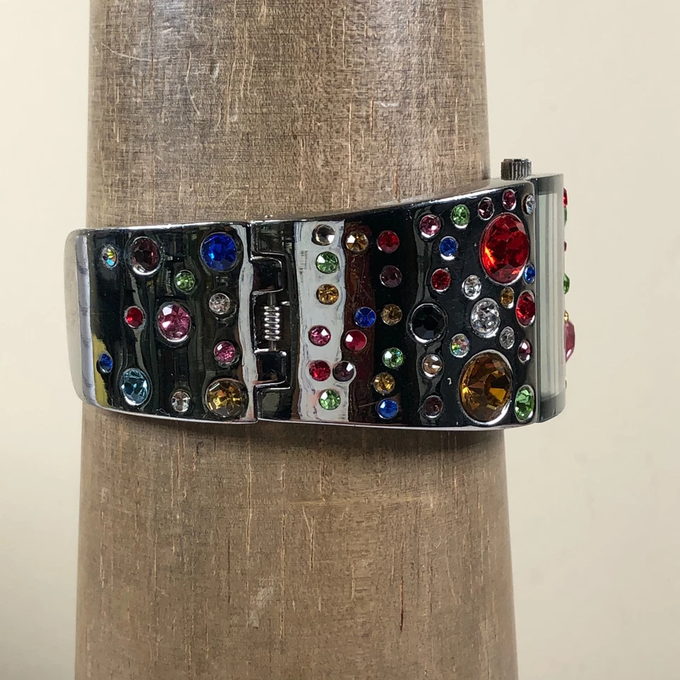 Relógio Geneva Platina Feminino Multicolorido Pedras Pedras Bracelete Quartzo 32mm 7" - Imagem 3 de 4