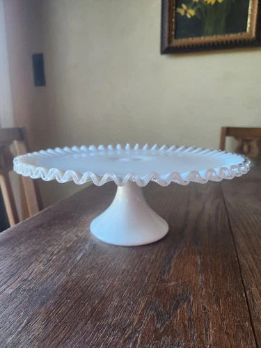 Vintage Fenton Silver Crest Milk Glass Cake Stand, 13" Ruffled Edge