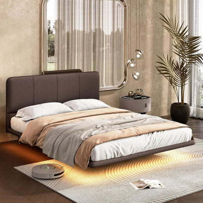 LED Floating Bed Frame - Modern PU Leather, Easy Assembly, No Box Spring