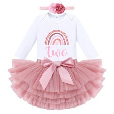 Baby Girls Rainbow 1st 2nd Birthday Outfit Long Sleeve Romper Tutu Skirt