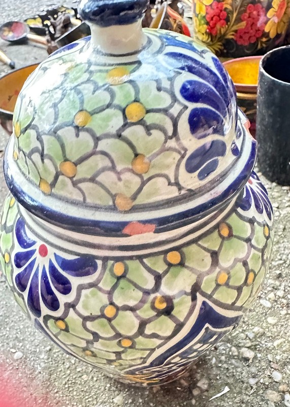 Pottery, hand made & hand painted in Mexico, colorful urn/jar w/lid