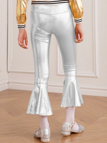 Girls Shiny Metallic Flared Pants Ruffle Bell Bottoms Dance Performance Trousers - Picture 14 of 61