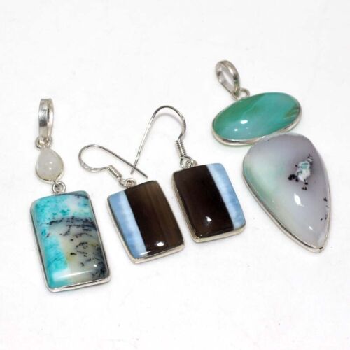 Owhyee Blue Opal Marine Blue Dendritic Opal Two Pendant+Earrings Jewelry Set JW - Picture 1 of 3
