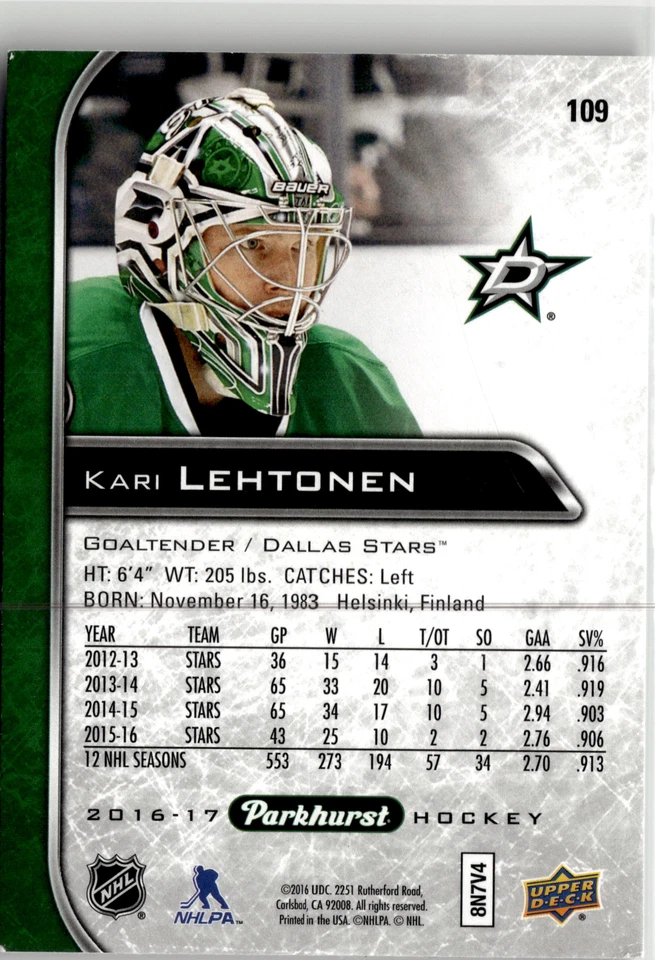 2016-17 Parkhurst #109 Kari Lehtonen - Image 2 of 2