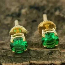 3Ct Round Cut Natural Green Emerald Women'sStud Earring 14K Yellow Gold Plated