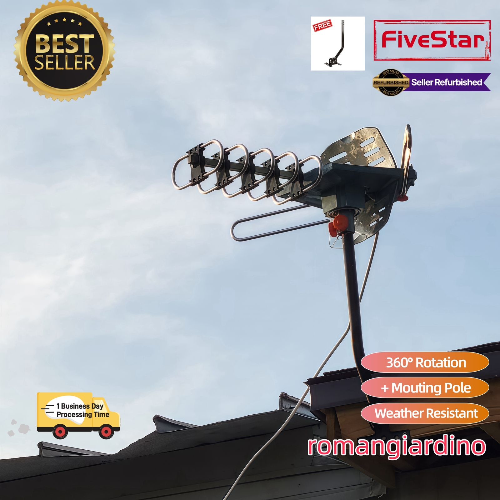 Hot Deal Outdoor TV Antenna Pole Motorized Amplified HDTV 1080P 4K 360° Rotation