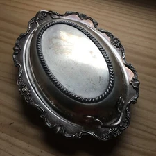 Vintage 1960s Ornate Rose Silver Covered Oval Serving Tray Dish w/ Lid 12"L x9"W