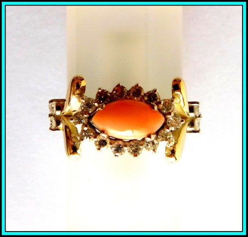 0.50ct Natural DIAMONDS & ANGEL SKIN CORAL - 18K Yellow & White Gold RING - 7¼ - Picture 2 of 12