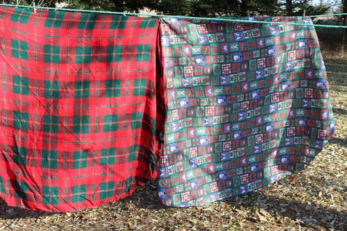 Vintage Tablecloth 2 plaid woven and Cotton with Snowmen Christmas Tablecloths